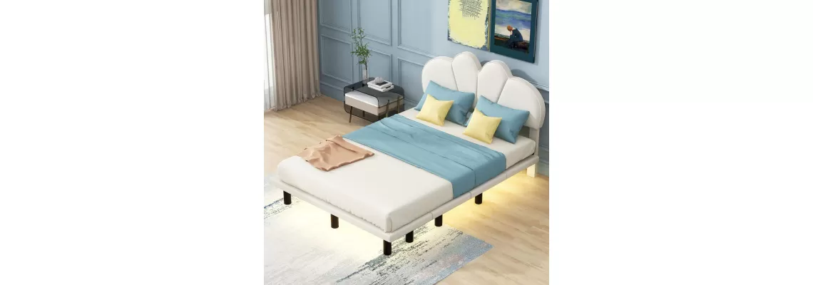 Luxury and Comfort Combined: Opulent Beige Full Size Upholstered Platform Bed with LED Lighting for $280 Luxury and Comfort Combined: Opulent Beige Full Size Upholstered Platform Bed with LED Lighting for $280