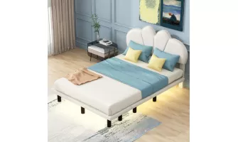 Luxury and Comfort Combined: Opulent Beige Full Size Upholstered Platform Bed with LED Lighting for $280