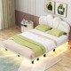 Luxurious Beige Queen Size Upholstered Platform Bed with LED Lighting