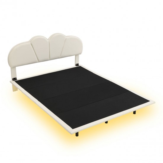 Luxurious Beige Queen Size Upholstered Platform Bed with LED Lighting