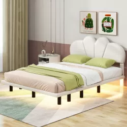Luxurious Beige Queen Size Upholstered Platform Bed with LED Lighting Luxurious Beige Queen Size Upholstered Platform Bed with LED Lighting