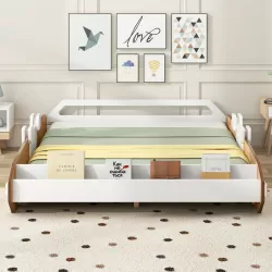 Wood Full Size Racing Car Bed with Door Design and Storage - Natural, White & Black