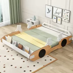 Wood Full Size Racing Car Bed with Door Design and Storage - Natural, White & Black