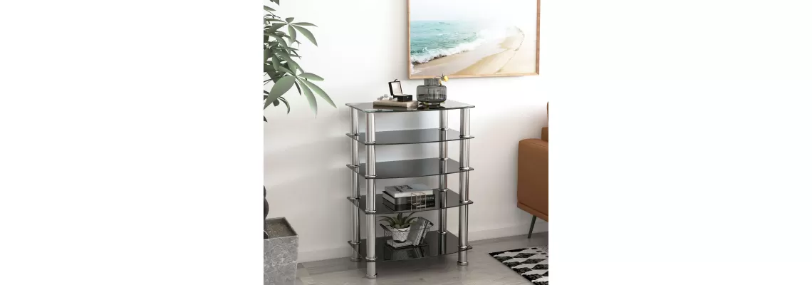 5-Tier Black Tempered Glass Side Table with Stainless Steel Frame for Modern Living Spaces 5-Tier Black Tempered Glass Side Table with Stainless Steel Frame for Modern Living Spaces
