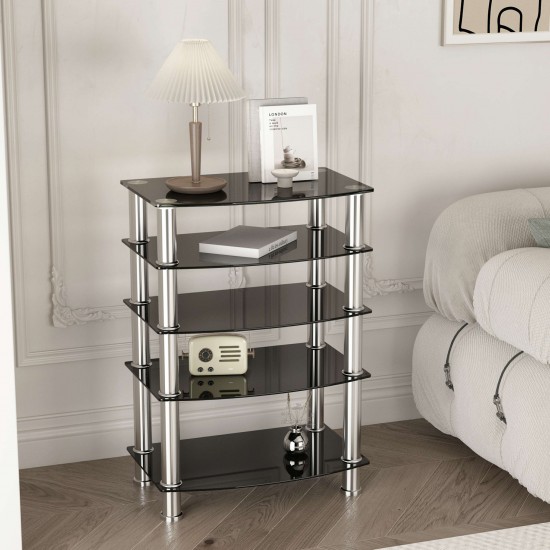 5-Tier Tempered Glass Side Table Stainless Steel Frame End Table for Living Room, Bedroom, Black