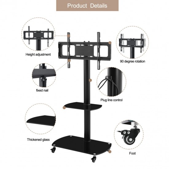 Adjustable Mobile TV Stand with Tempered Glass Shelves