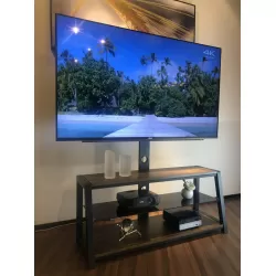 Modern Black Wooden TV Stand with Swivel Mount and Tempered Glass Shelves Modern Black Wooden TV Stand with Swivel Mount and Tempered Glass Shelves