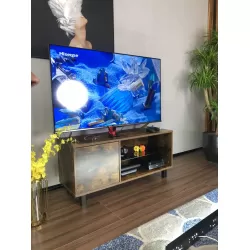 Rustic Brown TV Console with Push-to-Open Storage Cabinet - Stylish Wood & Glass TV Stand Rustic Brown TV Console with Push-to-Open Storage Cabinet - Stylish Wood & Glass TV Stand