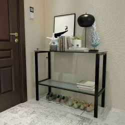 Console Table Double layer tempered glass rectangular porch table black leg double layer glass tea table Console Table Double layer tempered glass rectangular porch table black leg double layer glass tea table
