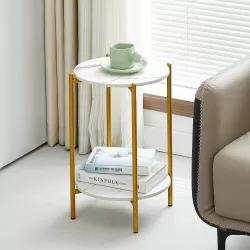 2-layer End Table with Whole Marble Tabletop, Round Coffee Table with Golden Metal Frame for Bedroom Living Room Office (White,1 piece) 2-layer End Table with Whole Marble Tabletop, Round Coffee Table with Golden Metal Frame for Bedroom Living Room Office (White,1 piece)