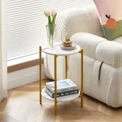 2-layer End Table with Whole Marble Tabletop, Round Coffee Table with Golden Metal Frame for Bedroom Living Room Office (White,1 piece) 2-layer End Table with Whole Marble Tabletop, Round Coffee Table with Golden Metal Frame for Bedroom Living Room Office (White,1 piece)
