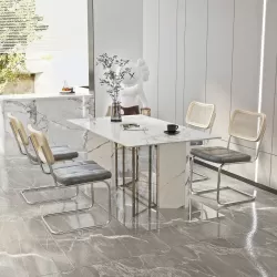 Stylish Gray Leather Dining Chairs with Rattan Accents - Set of 4 Stylish Gray Leather Dining Chairs with Rattan Accents - Set of 4