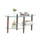 Elegant 3-Layer Oval Glass Coffee Table with Oak Wood Legs