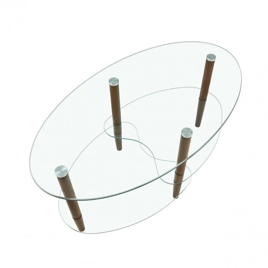 Elegant 3-Layer Oval Glass Coffee Table with Oak Wood Legs