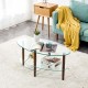 Elegant 3-Layer Oval Glass Coffee Table with Oak Wood Legs