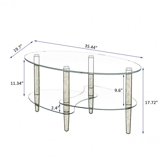 Elegant 3-Layer Oval Glass Coffee Table with Oak Wood Legs