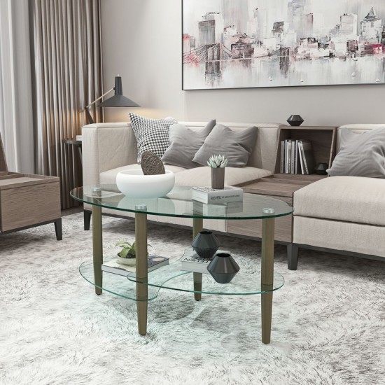 Elegant 3-Layer Oval Glass Coffee Table with Oak Wood Legs