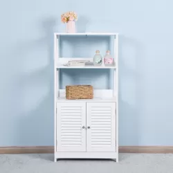 White Freestanding Bathroom Tall Cabinet with Open Shelves and Doors, Linen Tower Storage Organizer, 23.6 x 12.8 x 48 Inches