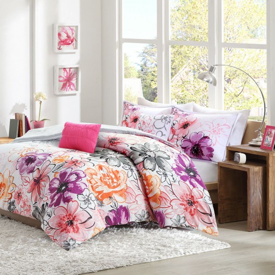 Asymmetrical Floral Comforter Set Pink Polyester