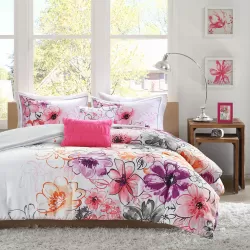Asymmetrical Floral Comforter Set Pink Polyester Asymmetrical Floral Comforter Set Pink Polyester