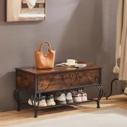 Shoe Rack Bench for Entryway, Industrial Bench with Shoe Storage Shelf, Rustic Shoe Rack for Small Spaces, Metal Shoe Rack with Wood Bench