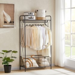 Freestanding Garment Rack, Open-Style Wardrobe, Hanging Rail with Metal Basket, and Heavy-Duty Metal Clothes Rack,Bathroom Storage Shelves