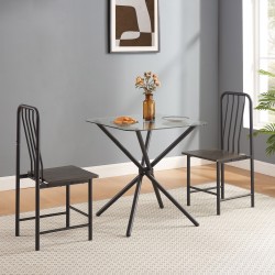 Dining Set for 2, Square Glass Tempered Dining Table with 4 Legs and 2 Metal Chair for Home Office Kitchen Dining Room, Black & Brown