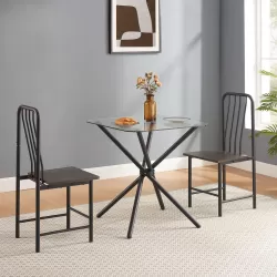 Dining Set for 2, Square Glass Tempered Dining Table with 4 Legs and 2 Metal Chair for Home Office Kitchen Dining Room, Black & Brown Dining Set for 2, Square Glass Tempered Dining Table with 4 Legs and 2 Metal Chair for Home Office Kitchen Dining Room, Black & Brown