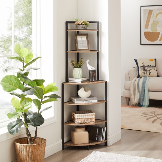 6-Tier Corner Open Shelf Modern Bookcase Wood Rack Freestanding Shelving Unit,Plant Album Trinket Sturdy Stand Small Bookshelf Space-Saving for Living Room Home Office Kitchen Small Space Rustic Brown