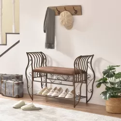 Traditional Style End of Bed Bench, Upholstered Entryway Bench with Arm, Ottoman Bench with metal frame Traditional Style End of Bed Bench, Upholstered Entryway Bench with Arm, Ottoman Bench with metal frame