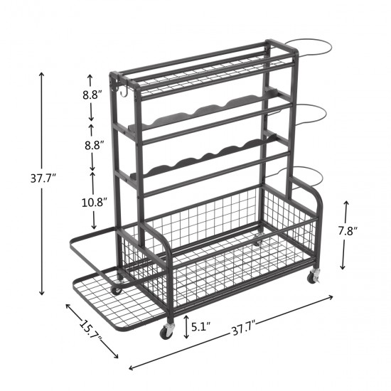 4-Tier Metal Storage Organizer with Rolling Wheels for Basketball Sports Equipment Organizer for Yoga Mat Larger Ball Storage Rack with Baskets and Hooks, Indoor or Outdoor for Tennis Racket,Football