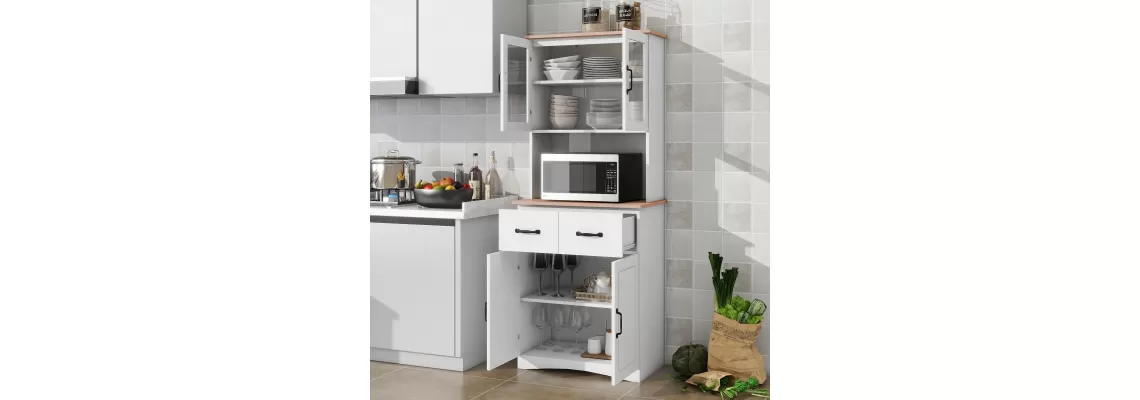 Modern White Wooden Kitchen Cabinet with Glass Doors and Drawer for Stylish Pantry Storage Modern White Wooden Kitchen Cabinet with Glass Doors and Drawer for Stylish Pantry Storage