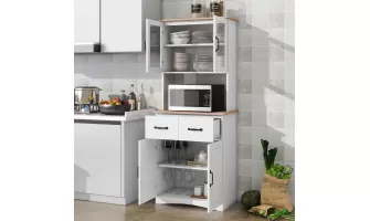 Modern White Wooden Kitchen Cabinet with Glass Doors and Drawer for Stylish Pantry Storage