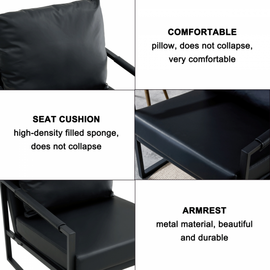 PU Leather Accent Arm Chair Mid Century Upholstered Armchair with Metal Frame Extra-Thick Padded Backrest and Seat Cushion Sofa Chairs for Living Room ( Black PU Leather + Metal Frame + Foam)SF-008