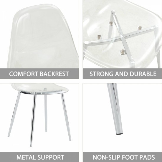 Modern minimalist transparent dining chair, plastic chair, armless crystal chair, Nordic creative makeup stool, negotiation chair, silver plated metal leg 6-piece set, TW-1200