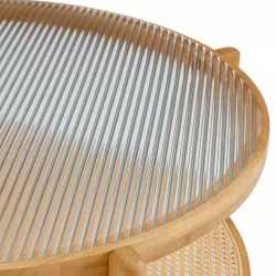 Modern simple circular double-layer solid wood tea table rattan woven side table small round table suitable for living room, dining room and bedroom Modern simple circular double-layer solid wood tea table rattan woven side table small round table suitable for living room, dining room and bedroom