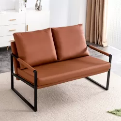 Modern Two-Seater Sofa Chair with 2 Pillows - PU Leather, High-Density Foam, Black Coated Metal Frame.Brown  SF-D008 Modern Two-Seater Sofa Chair with 2 Pillows - PU Leather, High-Density Foam, Black Coated Metal Frame.Brown  SF-D008