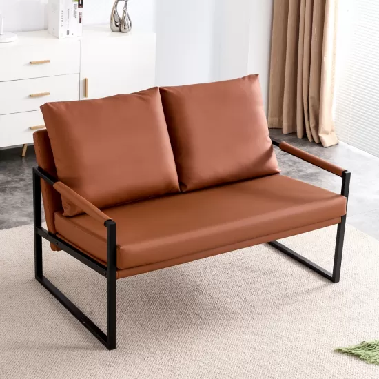 Modern Two-Seater Sofa Chair with 2 Pillows - PU Leather, High-Density Foam, Black Coated Metal Frame.Brown SF-D008 Modern Two-Seater Sofa Chair with 2 Pillows - PU Leather, High-Density Foam, Black Coated Metal Frame.Brown SF-D008