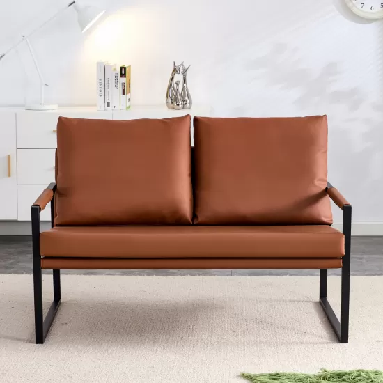Modern Two-Seater Sofa Chair with 2 Pillows - PU Leather, High-Density Foam, Black Coated Metal Frame.Brown SF-D008 Modern Two-Seater Sofa Chair with 2 Pillows - PU Leather, High-Density Foam, Black Coated Metal Frame.Brown SF-D008