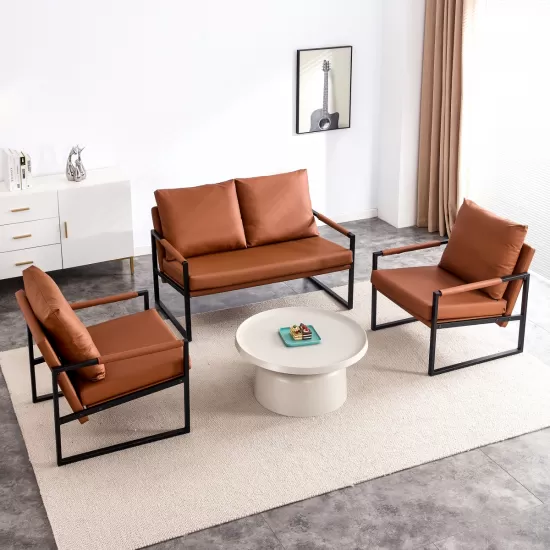 Modern Two-Seater Sofa Chair with 2 Pillows - PU Leather, High-Density Foam, Black Coated Metal Frame.Brown SF-D008 Modern Two-Seater Sofa Chair with 2 Pillows - PU Leather, High-Density Foam, Black Coated Metal Frame.Brown SF-D008