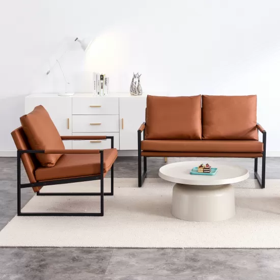 Modern Two-Seater Sofa Chair with 2 Pillows - PU Leather, High-Density Foam, Black Coated Metal Frame.Brown SF-D008 Modern Two-Seater Sofa Chair with 2 Pillows - PU Leather, High-Density Foam, Black Coated Metal Frame.Brown SF-D008