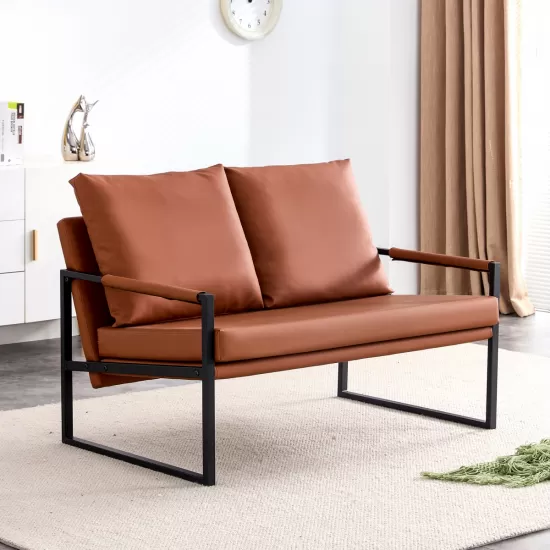 Modern Two-Seater Sofa Chair with 2 Pillows - PU Leather, High-Density Foam, Black Coated Metal Frame.Brown SF-D008 Modern Two-Seater Sofa Chair with 2 Pillows - PU Leather, High-Density Foam, Black Coated Metal Frame.Brown SF-D008