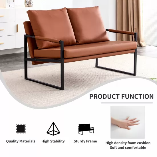 Modern Two-Seater Sofa Chair with 2 Pillows - PU Leather, High-Density Foam, Black Coated Metal Frame.Brown SF-D008 Modern Two-Seater Sofa Chair with 2 Pillows - PU Leather, High-Density Foam, Black Coated Metal Frame.Brown SF-D008
