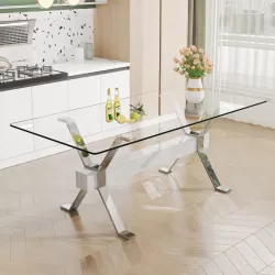Dining table. Modern tempered glass dining table. Large modern office desk with silver plated metal legs and MDF crossbars, suitable for both home and office use. Kitchen. 79 ''x39''x30 '' 1105 Dining table. Modern tempered glass dining table. Large modern office desk with silver plated metal legs and MDF crossbars, suitable for both home and office use. Kitchen. 79 ''x39''x30 '' 1105