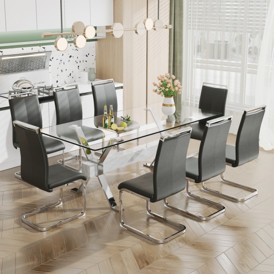 Dining table. Modern tempered glass dining table. Large modern office desk with silver plated metal legs and MDF crossbars, suitable for both home and office use. Kitchen. 79 ''x39''x30 '' 1105