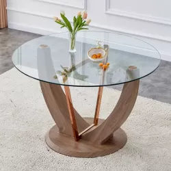 A modern minimalist circular tempered glass dining table with a diameter of 48 inches. Glass desktop+MDF wood texture table legs and base. 48 * 48 '' * 30 ''