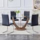 A modern minimalist circular tempered glass dining table with a diameter of 48 inches. Glass desktop+MDF wood texture table legs and base. 48 * 48 '' * 30 ''