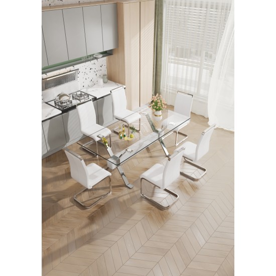 Dining table. Modern tempered glass dining table. Large modern office desk with silver plated metal legs and MDF crossbars, suitable for both home and office use. Kitchen. 79 ''x39''x30 '' 1105