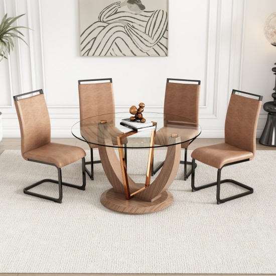 A modern minimalist circular tempered glass dining table with a diameter of 48 inches. Glass desktop+MDF wood texture table legs and base. 48 * 48 '' * 30 ''