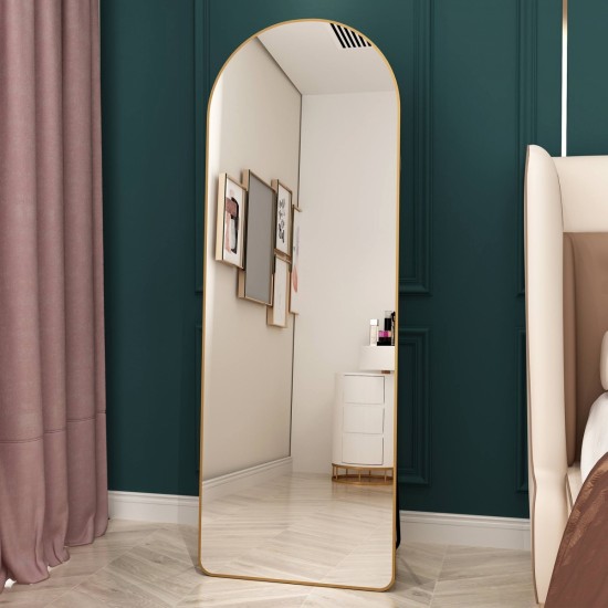 The 3rd generation aluminum alloy metal frame arched floor mounted wall mirror, upgraded in quality, bathroom makeup mirror, bedroom entrance, clothing store, gold 65 